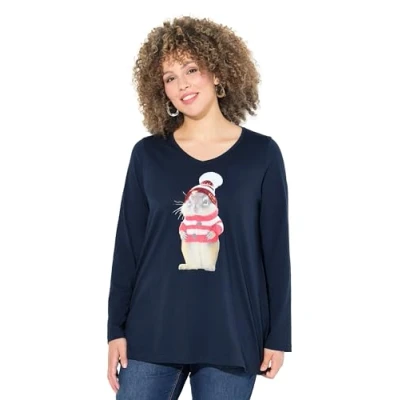 Abbildung von Ulla Popken Christmas Squirrel Graphic Langarmshirt, Damen, Größe: 42/44, Navy blue