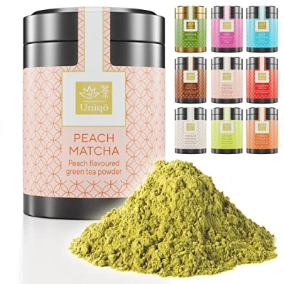 Abbildung von Tea Uniqo Pfirsich Matcha Latte Pulver Peach flavoured Puder in edler Dose