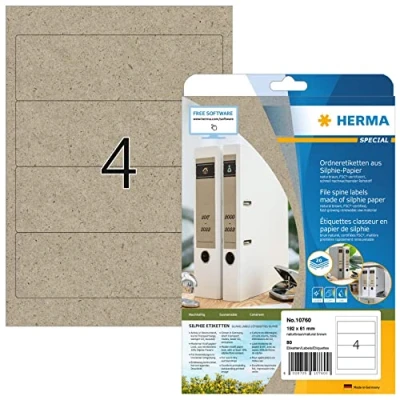 Abbildung von HERMA 10760 Ordnerrücken Etiketten aus Graspapier kurz breit, 20 Blatt, 192 x 61 mm, 4 pro A4 Bogen, 80 Stück, selbstklebend, bedruckbar, Silphie Papier Ordneretiketten Rückenschilder, natur braun