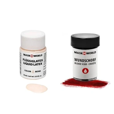 Abbildung von Maskworld Halloween Schmink Set Zombie Profi Make Up Kunstblut Latexmilch (Wundschorf + Liquid Latex Horrorhaut)