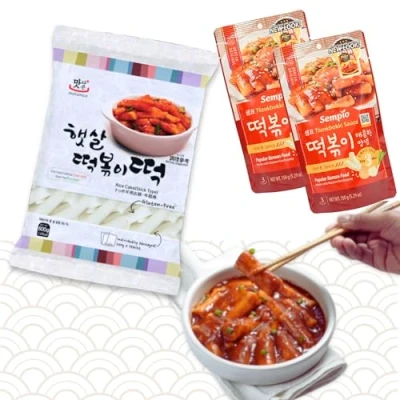Abbildung von Rice Cake Stick Reiskuchen mit verschiedenen Tteok bokki/Topokki Soßen aus Südkorea, einfach und schnell zuzubereiten (1x 600g, 2x Topokki Sauce Spicy 150g)