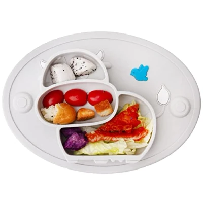 Abbildung von Baby Teller Schüssel Mini Silikon Tischset für Kleinkinder und Kinder Tragbar Rutschfest Babyteller die meisten Hochstuhlschalen (1 Eule Cyan)