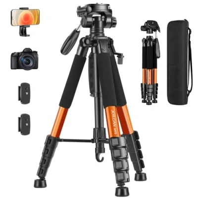 Abbildung von JOILCAN Kamera Stativ, 187cm Fotostativ mit Abnehmbar Kopf, Camera Tripod Tragetasche für Canon Nikon DSLR, Aluminium Dreibeinstativ Tragkraft 5kg Handyhalterung for Smartphone(Orange)