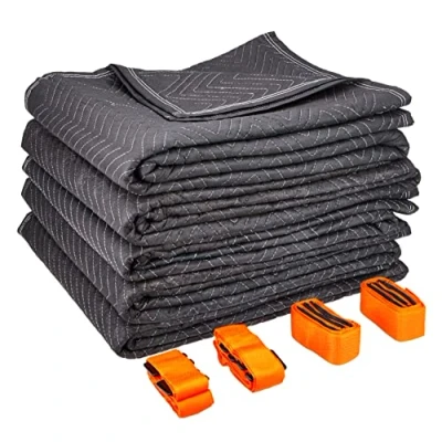 Abbildung von Set von 5 Kortpacks Umzugsfirmenqualität Möbelpackdecken ca 520g/m² Schwarz, 183x203cm + 1 x Gratis Tragegurte Umzug Transportgurt