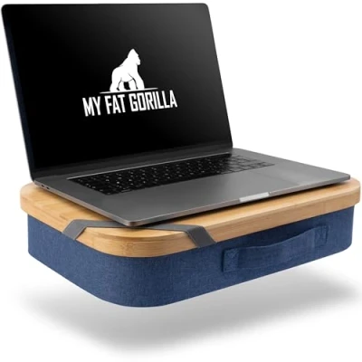 Abbildung von MY FAT GORILLA Laptopkissen Bambus mit Aufbewahrungsfach und Kabelloch, Laptop Unterlage für bis zu 17 Zoll, Tisch Bett, Arbeitstablett, Sofa, Kissen Holz