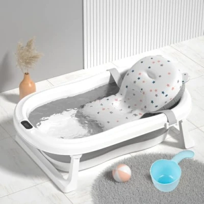 Abbildung von Einesin Groß XXL Faltbare Baby Badewanne mit integriertem Thermometer, Wanne Inkl. Badewanneneinsatz Baby, haarwaschbecher, Babybadewanne Faltbar für Babys 0 6 Jahre, Grau