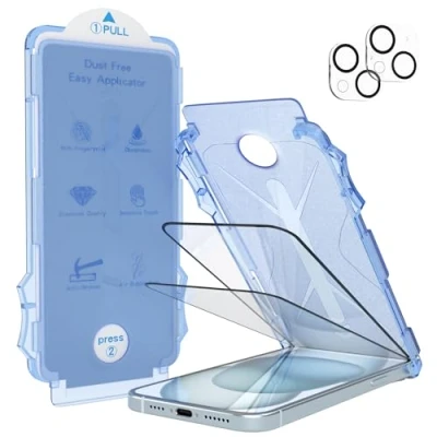 Abbildung von EAZY CASE 2x Display Schutzglas kompatibel mit iPhone 15 Plus inkl. Kameraschutz für Displayschutz Ultra Klar Schutz Glas Folie Installationshilfe Blasenfrei Transparent