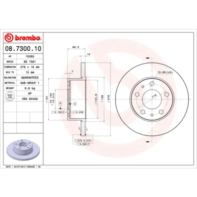 Abbildung von BREMBO 08.7300.10 Bremsscheibe 276 16 5 voll IVECO: DAILY 3 Pritsche/Fahrgestell, Kasten/Kombi