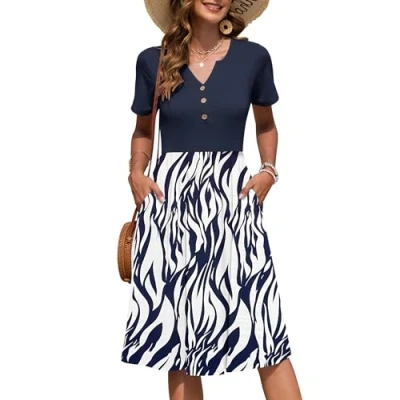Abbildung von AUSELILY Damen Kurzarm Sommerkeider Knielange Sommer Kleider V Ausschnitt mit Knöpfen Empire Midikleid Taschen Weiß Marineblau Blatt XL