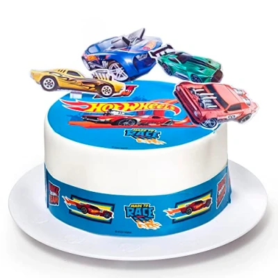 Abbildung von Kardasis Hot WHeeLS mit Zuckerbändern und Papierfiguren Essbarer Aufleger für Torten Kuchen Tortendekoration den Themengeburtstag 20cm + 3 Band 28x5cm 4 Figuren