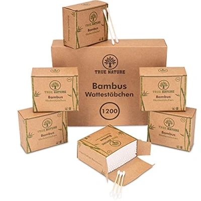 Abbildung von [1200] Bambus Wattestäbchen Dermatologisch zertifiziert Plastikfreie Ohrenstäbchen Q Tips ohne Plastik Cotton Buds 100% biologisch abbaubare Ohrstäbchen inkl. Ebook TRUE NATURE®