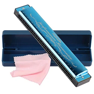 Abbildung von Mundharmonika Professionelle C Dur Blues Harmonica Diatonische 24 Loch mit Fall für Folk Jazz Pop Erwachsene Kind Kinder Student Anfänger Geschenk Blau