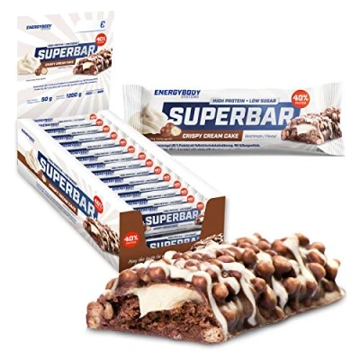Abbildung von Energybody Superbar Proteinriegel Crispy Cream Cake 24x 50g / High Protein Riegel 40% Eiweiß 2g Zucker/Eiweißriegel zuckerarm für Low Carb Ernährung/Protein Bars