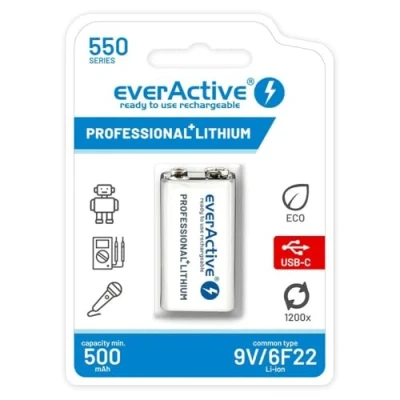 Abbildung von everActive Akku 6F22/9V Lithium Ionen 550 mAh mit USB Type C, Vorgeladen bis max. 30%, 1 Stück EVHR22 550C