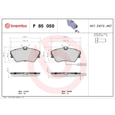 Abbildung von BREMBO P 85 050 Bremsbelagsatz inkl. Verschleißwarnkontakt mit Bremssattelschrauben ohne Zubehör VOLKSWAGEN: TRANSPORTER 4 Bus