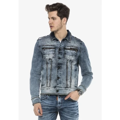 Abbildung von Cipo &amp; Baxx Herren Jeansjacke Übergangsjacke Denim Bikerjacke Rockig Design Ziernähte Blau L