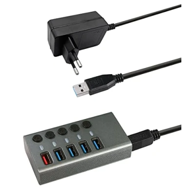 Abbildung von MaxTrack USB 3.0 Hub CH10L mit 4 Ports, 1 Ladeport für Mobilgeräte, Netzteil, 5 Gbps, Aktiv, 2,4A Ladestation, Einzeln Schaltbar