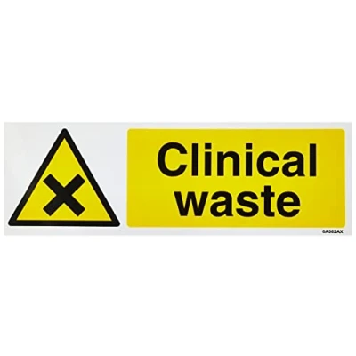 Abbildung von VSafety Warnschild „Clinical waste“, Querformat, 300 mm x 100 mm, selbstklebendes Vinyl, englische Version