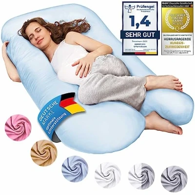 Abbildung von XXL Schwangerschaftskissen Seitenschläferkissen, Lagerungskissen, Baby Kissen &amp; Stillkissen in U Form mit abnehmbarem waschbarem Bezug aus 100 % Baumwolle (Classic XXL, 150 x 80 cm, Hellblau)