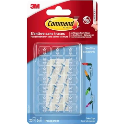 Abbildung von Command Dekorations Clips, Vorteilspack mit 20 Mini Klebehaken Transparent und 24 Kleinen Klebestreifen, Strips Befestigung fur Lichterketten