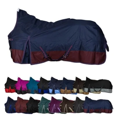 Abbildung von RL24 Weidedecke High Neck Basicline 600D Regendecke &amp; Übergangsdecke wasserdichte Outdoordecke mit Kreuzbegurtung Pferdedecke in Marine/Kastanie Größe 135cm (Polarfleecefutter)
