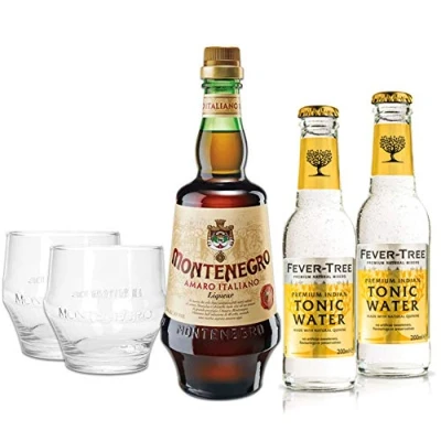 Abbildung von Montenegro &amp; Tonic Set Amaro Italiano Likör 0,7L (23% Vol) + 2x Fever Tree Water 200ml inkl. Pfand MEHRWEG Gläser Tumbler Glas