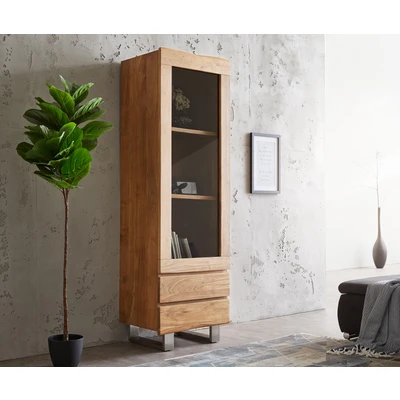 Abbildung von DELIFE Vitrine Live Edge Akazie Natur 60x190 cm 1 Tür 2 Schubladen Massiv Baumkante