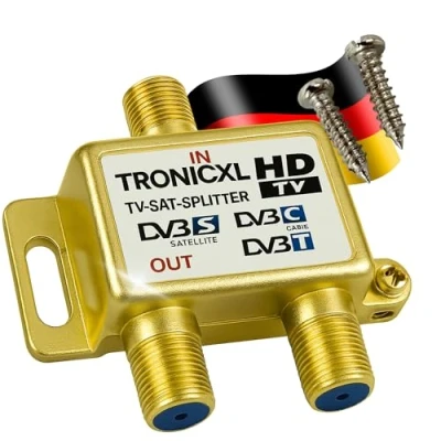 Abbildung von TronicXL Highend 2 Fach SAT Splitter DVBT2 DVBC Antennenverteiler Verteiler Weiche F Buchse zb für Kabelfernsehen Unitymedia Sky Vodafone Unicable hd tauglich 4K 3D digital Satellitenverteiler 2fach
