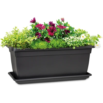 Abbildung von Scheurich Nora Long 60, Pflanzgefäß/Blumentopf/Pflanzkübel, rechteckig, aus Kunststoff, Farbe: Metallic Grey, 62 cm Breite, 31,5 Tiefe, 28 hoch, 93,6 l Vol.