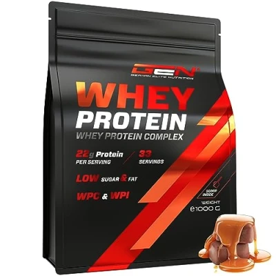 Abbildung von Whey Protein Pulver 1000 g (Schokolade Karamell) mit Isolate Anteil Instant lösliches Eiweiss BCAA &amp; EAA German Elite Nutrition