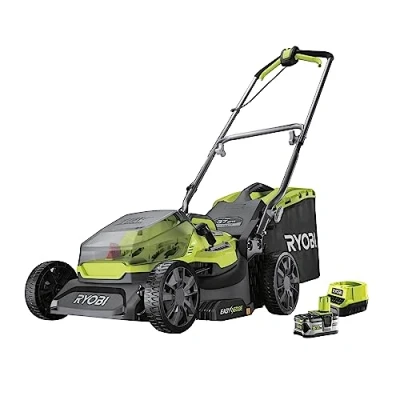 Abbildung von RYOBI 18 V ONE+ Brushless Akku Rasenmäher RY18LMX37A 150, Schnittbreite 37 cm, 6 Positionen Schnitthöheneinstellung von 25 bis 70 mm, inkl. 1 x 5,0 Ah Lithium+ und Ladegerät
