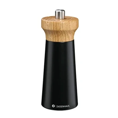 Abbildung von Zassenhaus Pfeffermühle Holz WESTERLAND schwarz/Buchenholz Mühlenkopf aus Eichenholz mit stufenlos verstellbarem Hochleistungs Keramikmahlwerk Gewürzmühle für Pfeffer 14 cm, Ø 5,4 cm