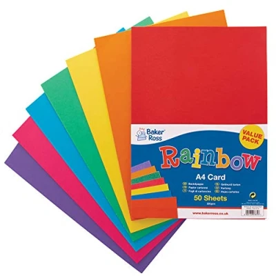 Abbildung von Baker Ross AV535 Regenbogenfarbener Karton (220 g/m²), A4, ideal für Kinder Kunst und Handwerk, Collagen, Modellbau mehr, gemischt, 50 Stück