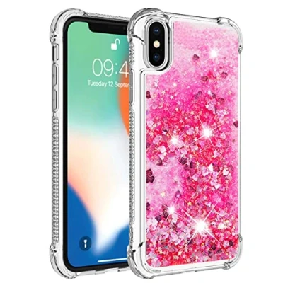 Abbildung von KBIKO zxl Kompatibel mit iPhone XS Glitzer Flüssig Hülle, Handyhüllen Flüssigkeit Wasserfall Farbverlauf Sternen Süß Transparent Silikon Bumper Schutzhülle für X.Pink YBL