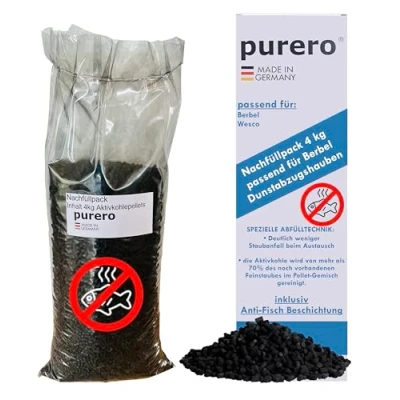 Abbildung von purero® Aktivkohle 4 kg Nachfüllpack passend für Berbel Dunstabzugshauben mit Anti Fisch Beschichtung Aktivkohlepellets Made in Germany