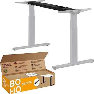 Abbildung von boho office® Höhenverstellbarer Schreibtisch Gestell Made in Germany, Elektrisch stufenlos, 2 laufruhige Motoren, 3 Fach Teleskop, Kollisionsschutz Premium Line Silber mit Retroschalter