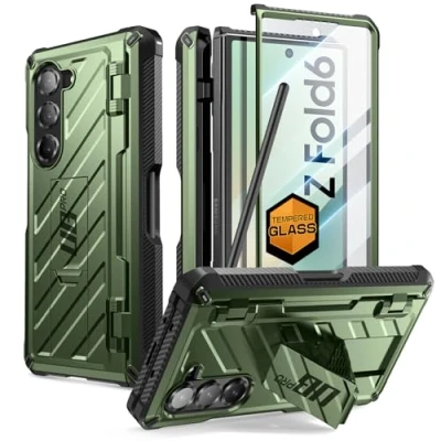 Abbildung von SupCase für Samsung Galaxy Z Fold 6 Hülle mit S Pen Halter (Unicorn Beetle Pro), [Mit Displayschutz aus gehärtetem Glas] Handyhülle Bumper Case Robust Schutzhülle Ständer (Grün)