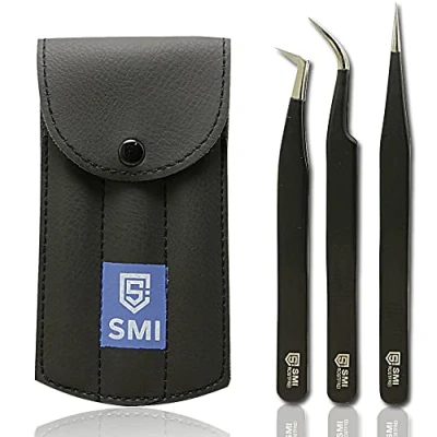Abbildung von SMI 3 Wimpern Pinzette Set Schwarz Wimpernpinzette Wimpernverlängerung Spitz Wimpernzange Gebogen und Gerade Edelstahl Künstliche Falsche 3D 6D Volumen mit Etui