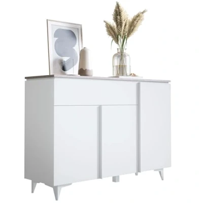 Abbildung von Newroom Kommode Weiß Sandstein Sideboard Modern Elegant 133x92x40 cm (BxHxT) Highboard Anrichte [Khora.Two] Wohnzimmer Schlafzimmer Flur Esszimmer
