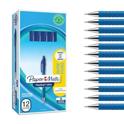 Abbildung von Paper Mate Flexgrip Ultra Druckkugelschreiber mittlere Spitze (1,0 mm) blau stifte set Schulsachen und bürobedarf 12er Box