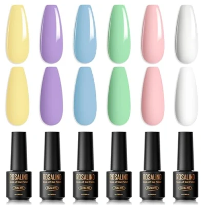 Abbildung von ROSALIND UV Nagellack Pastell,6 Farben Mini Shellac Makrone Rosa Violett Grün Blau weiß Gelb Soak Off LED Nail Polish Gellack Set für Frühling Sommer