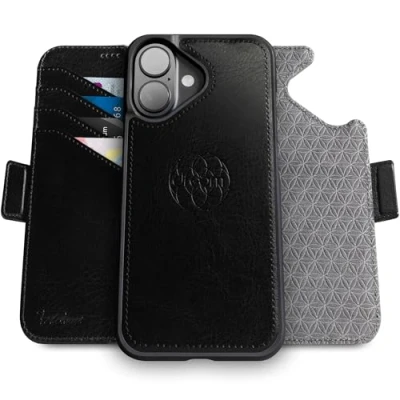 Abbildung von Dreem Fibonacci kompatibel mit iPhone 16 Brieftaschen Etui / 2 in 1 stoßfestes und abnehmbares Folio aus veganem Leder, MagSafe, RFID Schutz [Schwarz]