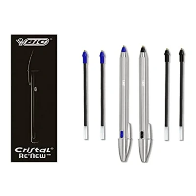 Abbildung von BIC Cristal Re&#039;New Gift Box, nachfüllbarer Kugelschreiber aus Metall, Blau und Schwarz, 2 Stifte + 4 Ersatzminen, für Schule Büro
