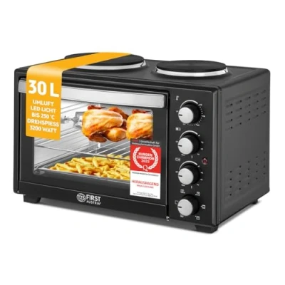 Abbildung von TZS FIRST AUSTRIA Minibackofen Pizzaofen mit Kochplatten, 30L, 3200W, Mini Backofen Umluft, max 230C, Backblech, Drehspieß, Grillrost, Innenbeleuchtung