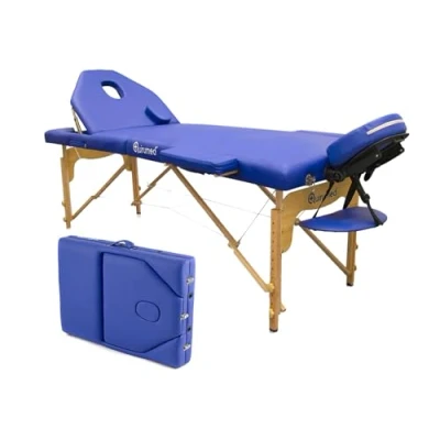 Abbildung von QUIRUMED Elite Klappmassageliege aus Holz, Farbe Blau, 194 x 70 cm, Kunstleder, tragbar, klappbare Rückenlehne, Abnehmbarer Kopf, Gesichtsloch, höhenverstellbar, bis zu 150 kg