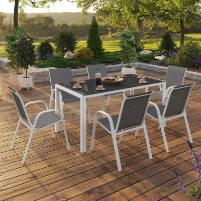 Abbildung von IDMarket Gartenmöbel Set Madrid, Tisch 150 cm und 6 stapelbare Stühle, Weiß Grau