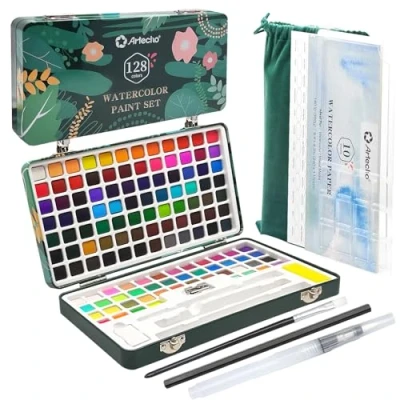 Abbildung von Artecho Aquarellfarben Set 128 Farben in Tragbarer Box, Aquarellmaler für Erwachsene mit Aquarellpapieren und Pinseln, perfektes Aquarell Anfänger Profis