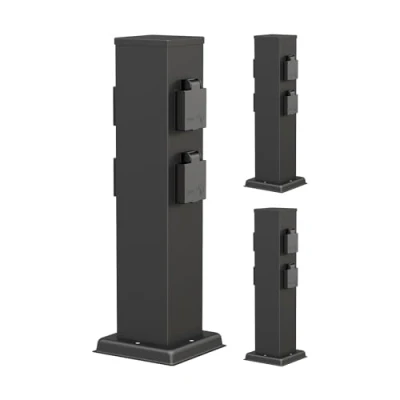 Abbildung von ledscom.de 3 Stück Garten Steckdosensäule Polly für außen, IP44, 4 Fach, Edelstahl, schwarz, eckig, 40 cm