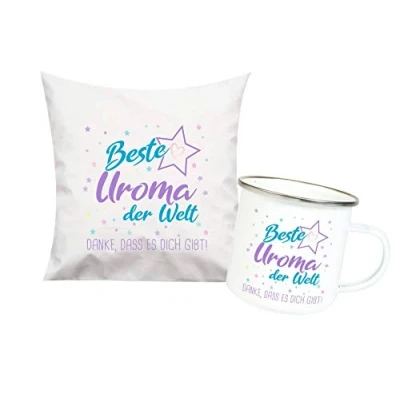 Abbildung von ShirtInStyle, Geschenkset, beste Uroma der Welt, danke das es dich gibt! Kissen und Emaille Tasse als Set Farbe weiß