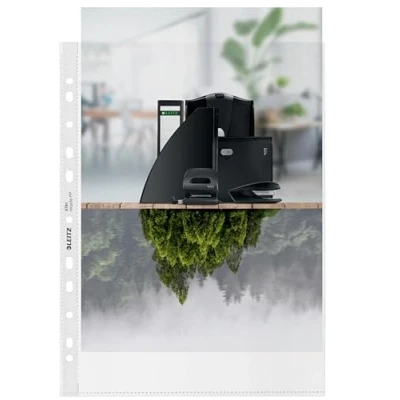 Abbildung von Leitz A4 Prospekthüllen, 100 Stück, Universallochung , Matte Oberfläche, Mikron Folienstärke, 100% recyclebar, Umweltfreundlich, Recycle Serie, Farblos, 47911003